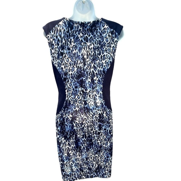 CACHE Stretch Sheath Dress Mini Blue Black Animal Print Sleeveless Size Small - Picture 6 of 7